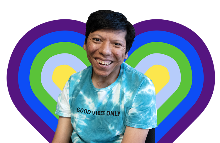 Decorative image of man with IDD over layered hearts of different colors