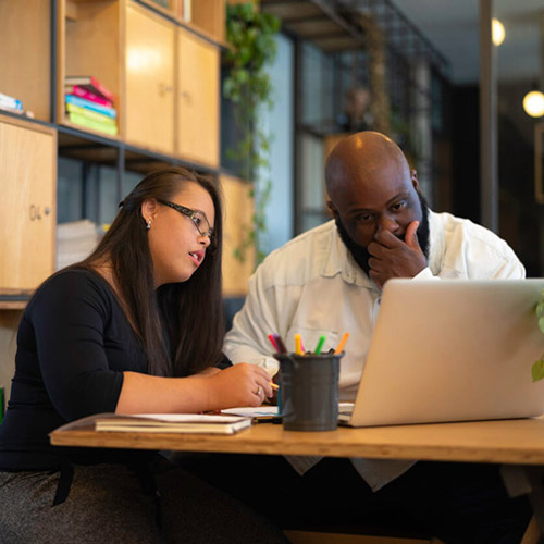 A woman with a developmental disability and a man looking at a laptop screen together