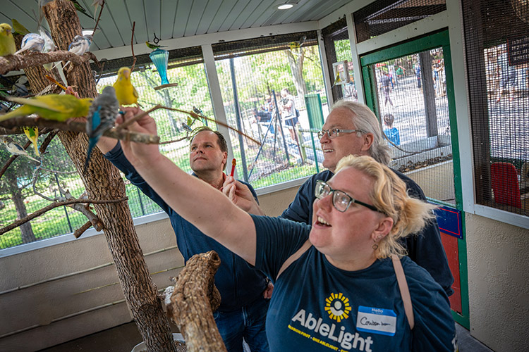 Two AbleLight Board Members and a woman with IDD looking at birds